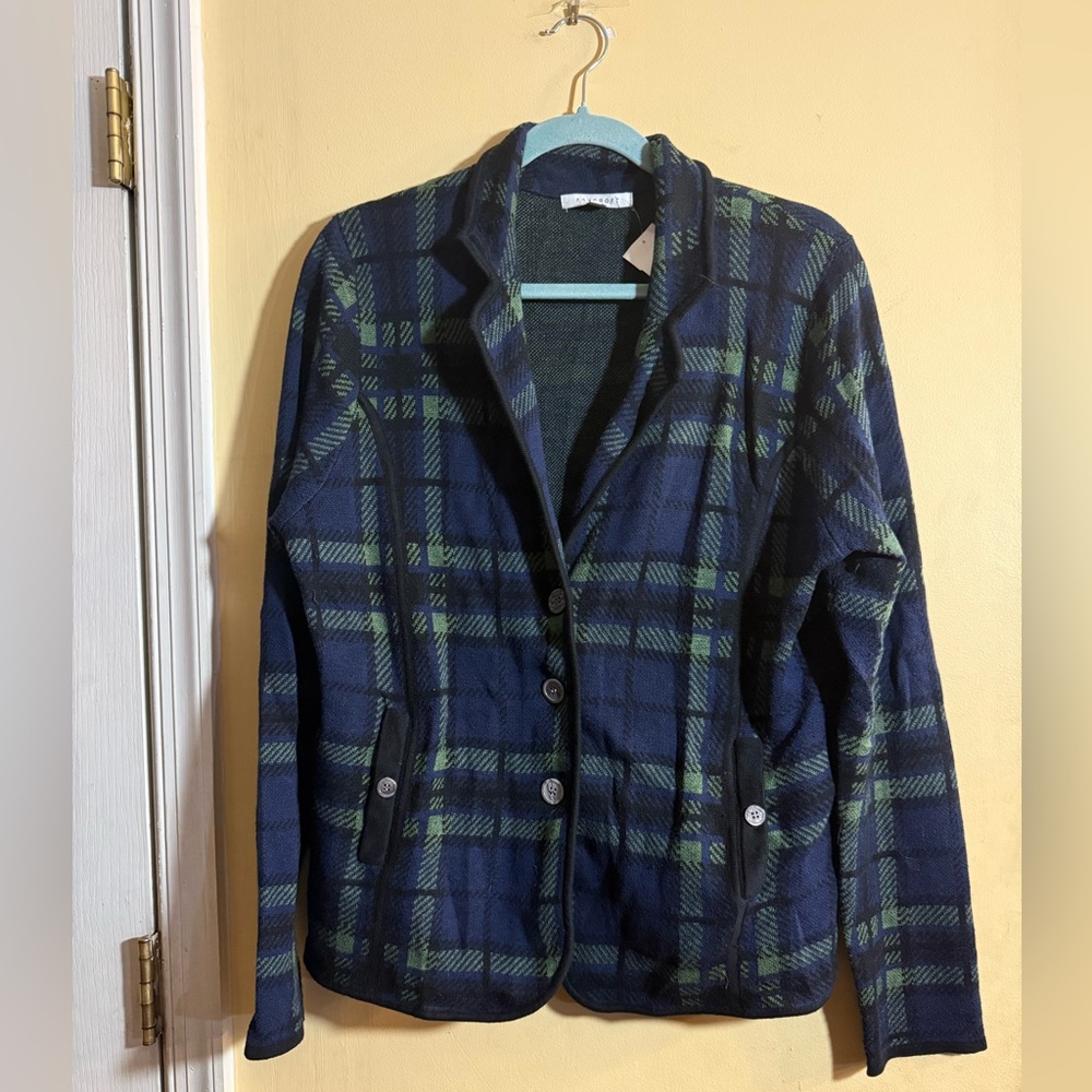 Foxcroft green/blue plaid sweater jacket, size XL